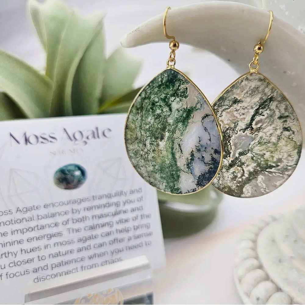 Lightweight Natural Moss Agate Gemstone Teardrop Dangle Earrings